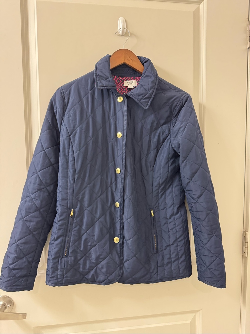 Crown & Ivy Womens S Blue Quilted Jacket Mid-Length Collared Snap Pockets Coat